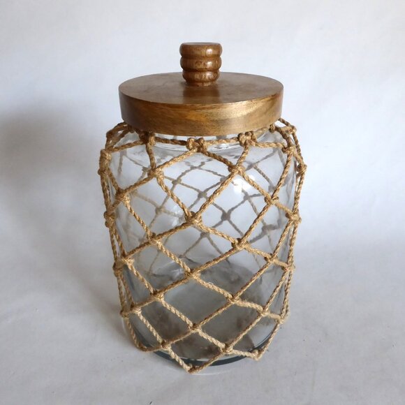NEW 10.5” NAUTICAL NET ROPE LIDDED GLASS WOOD LIDDED DECORATIVE JAR CONTAINER - Picture 3 of 7